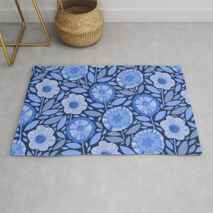 Folk Floral Blossoms in Midnight Blue Rug Gallery Image 1