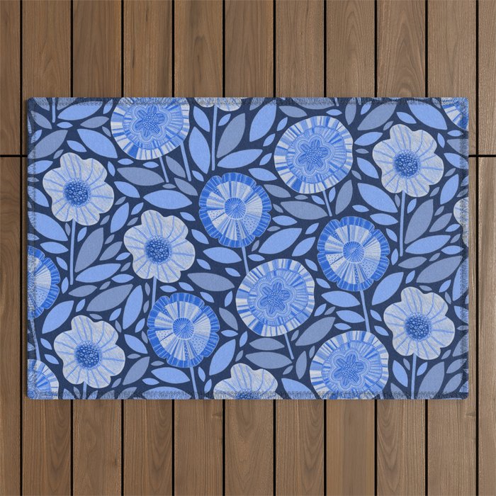 Folk Floral Blossoms in Midnight Blue Outdoor Rug Gallery Image 1