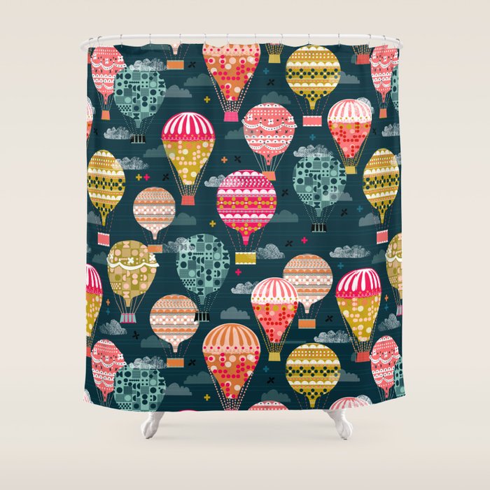 Hot Air Balloons - Retro, Vintage-inspired Print and Pattern by Andrea Lauren Shower Curtain Gallery Image 1