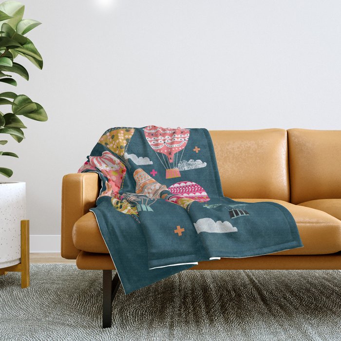 Hot Air Balloons - Retro, Vintage-inspired Print and Pattern by Andrea Lauren Throw Blanket Gallery Image 1