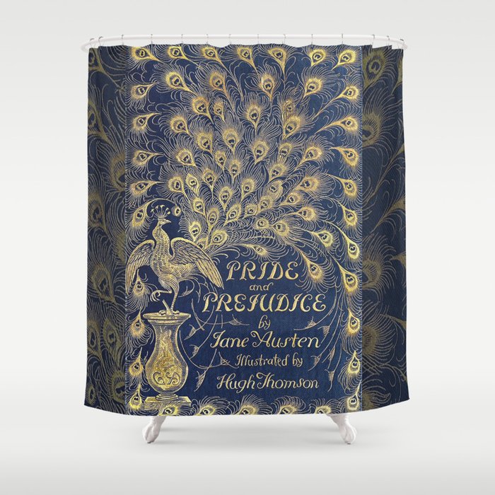 Pride and Prejudice by Jane Austen Vintage Peacock Book Cover Shower Curtain Gallery Image 1