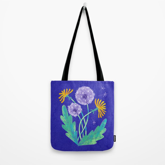 Dandelion Florals on Blue Tote Bag Gallery Image 2