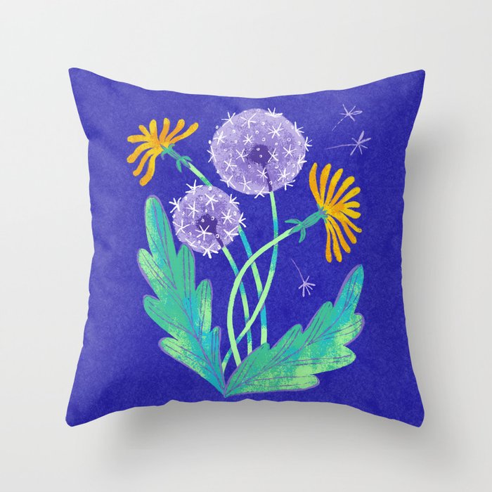 Dandelion Florals on Blue Throw Pillow Gallery Image 1