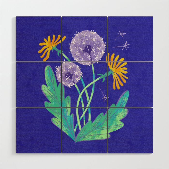 Dandelion Florals on Blue Wood Wall Art Gallery Image 1