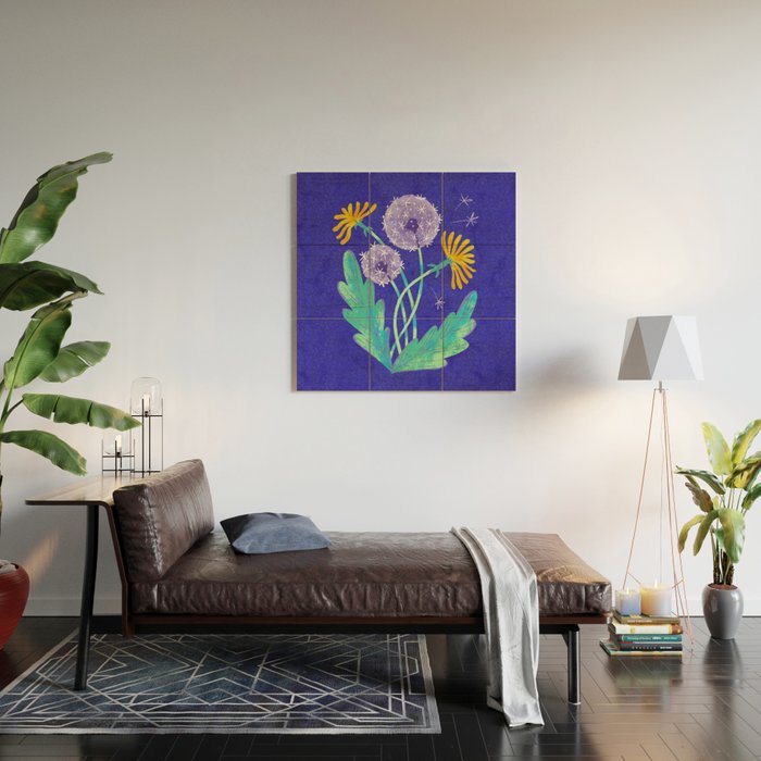 Dandelion Florals on Blue Wood Wall Art Gallery Image 2