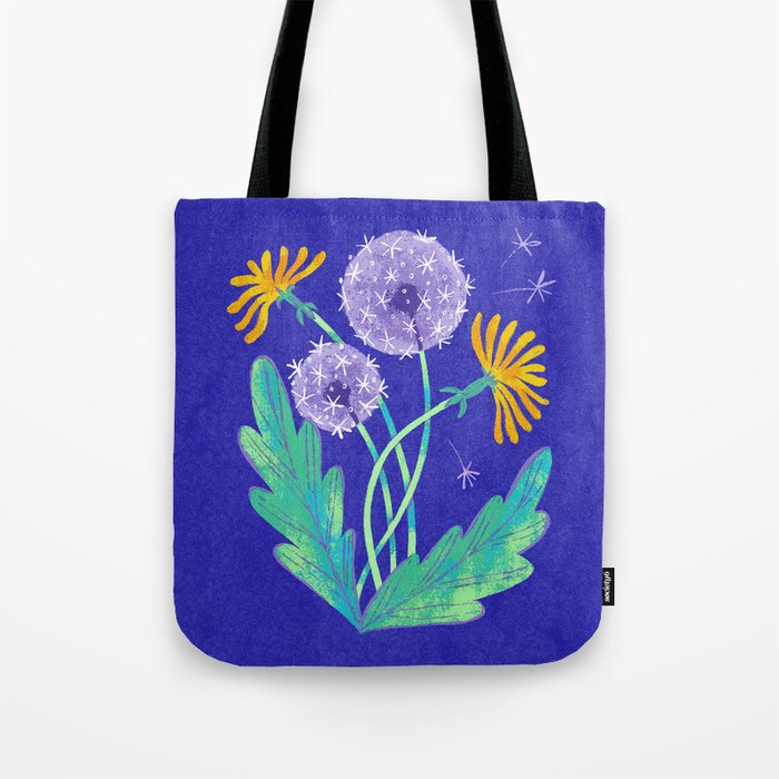 Dandelion Florals on Blue Tote Bag Gallery Image 1