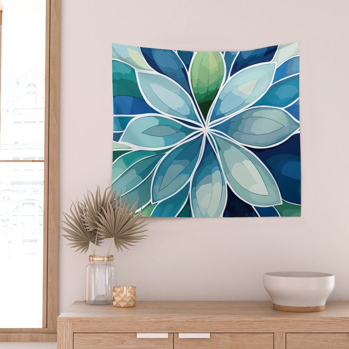 Blue and Green Bloom in Floral Wall Tapestry Gallery Image 2