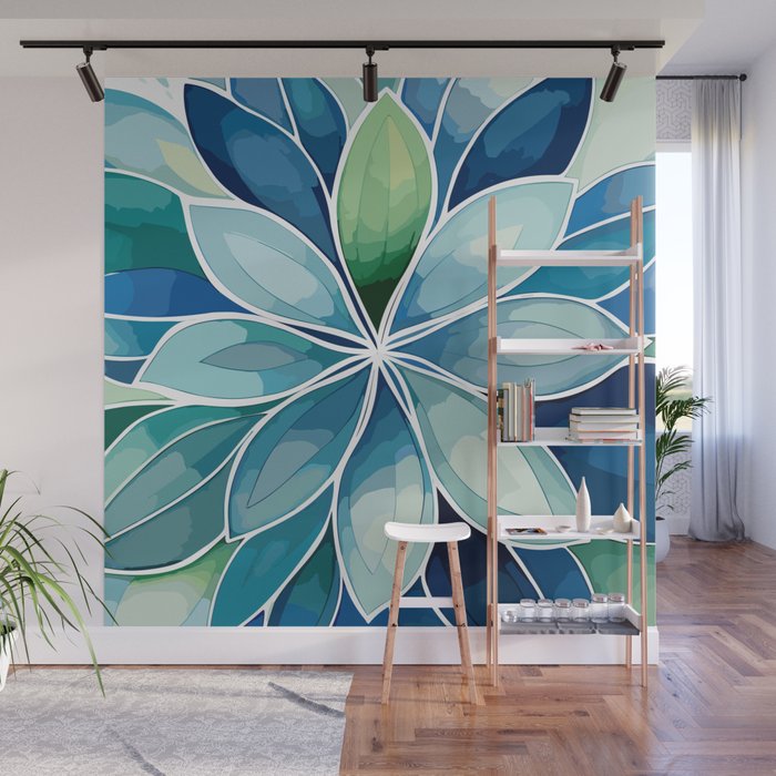 Blue and Green Bloom in Floral Wall Mural Gallery Image 1