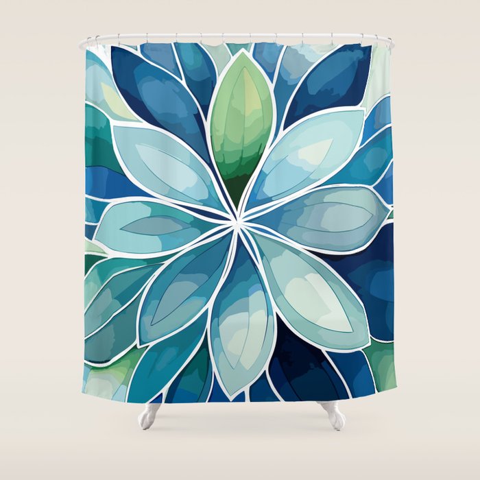 Blue and Green Bloom in Floral Shower Curtain Gallery Image 1