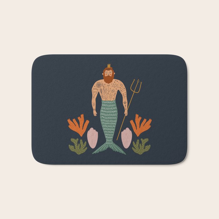 Hipster Mermaid Merman With Tattoos Poseidon King Of The Sea Midcentury Modern Cool Magical Mystical Abstract Art Bohemian Boho Style Trendy  Bath Mat Gallery Image 1