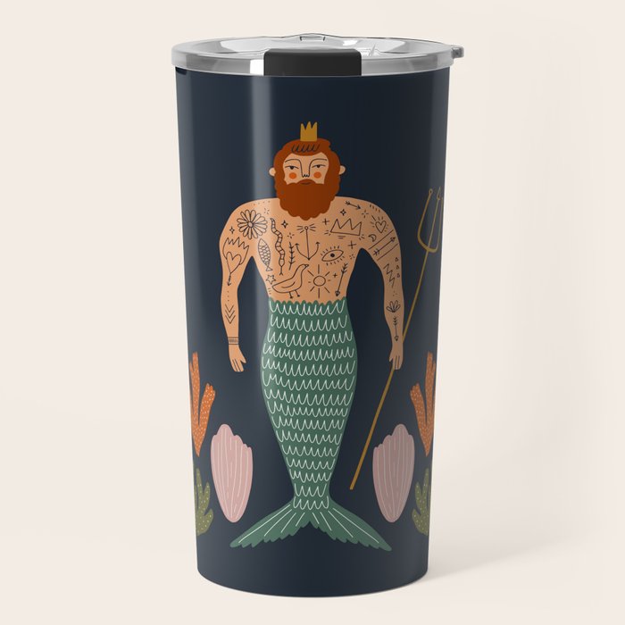 Hipster Mermaid Merman With Tattoos Poseidon King Of The Sea Midcentury Modern Cool Magical Mystical Abstract Art Bohemian Boho Style Trendy  Travel Mug Gallery Image 1