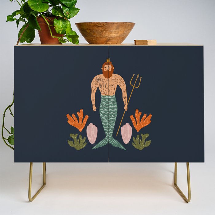 Hipster Mermaid Merman With Tattoos Poseidon King Of The Sea Midcentury Modern Cool Magical Mystical Abstract Art Bohemian Boho Style Trendy  Credenza Gallery Image 1