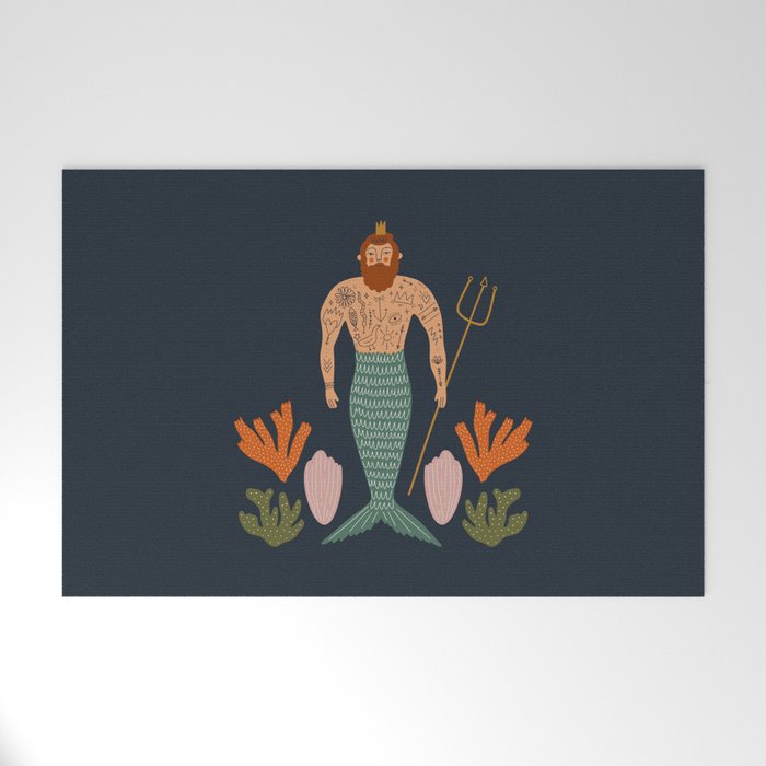 Hipster Mermaid Merman With Tattoos Poseidon King Of The Sea Midcentury Modern Cool Magical Mystical Abstract Art Bohemian Boho Style Trendy  Welcome Mat Gallery Image 1