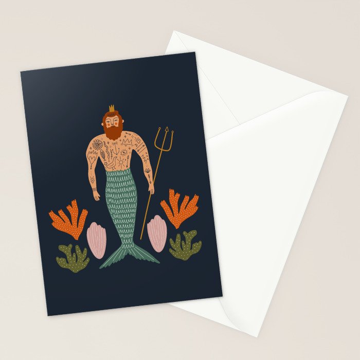 Hipster Mermaid Merman With Tattoos Poseidon King Of The Sea Midcentury Modern Cool Magical Mystical Abstract Art Bohemian Boho Style Trendy  Stationery Card Gallery Image 2
