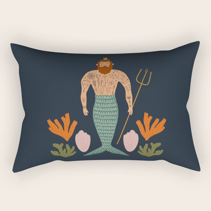 Hipster Mermaid Merman With Tattoos Poseidon King Of The Sea Midcentury Modern Cool Magical Mystical Abstract Art Bohemian Boho Style Trendy  Rectangular Pillow Gallery Image 1