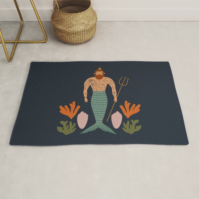 Hipster Mermaid Merman With Tattoos Poseidon King Of The Sea Midcentury Modern Cool Magical Mystical Abstract Art Bohemian Boho Style Trendy  Rug Gallery Image 1