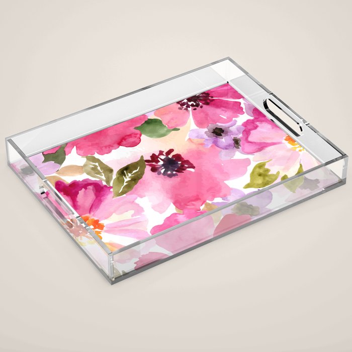 Watercolor Flowers Pink Fuchsia Acrylic Tray Gallery Image 1