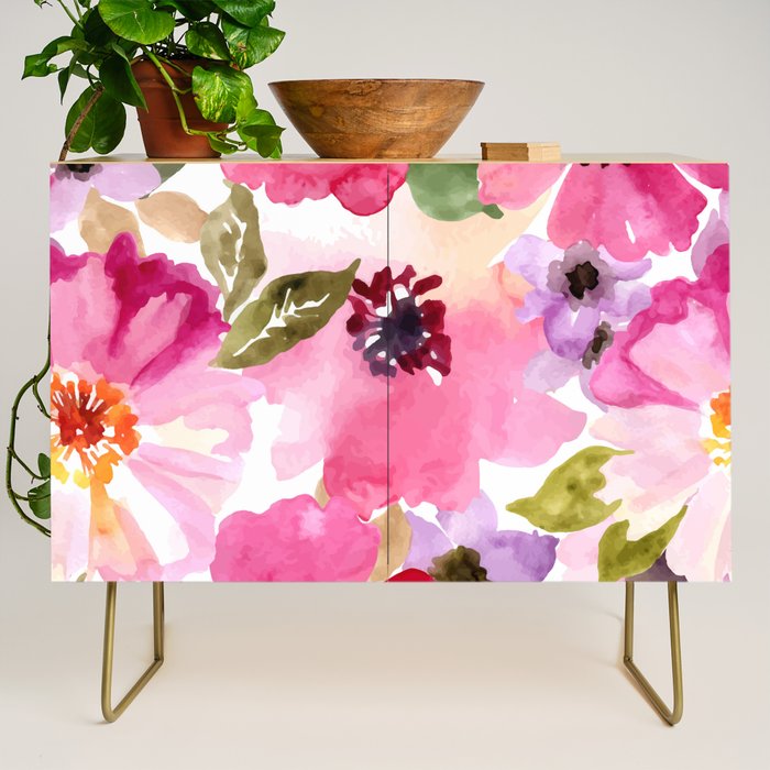 Watercolor Flowers Pink Fuchsia Credenza Gallery Image 1