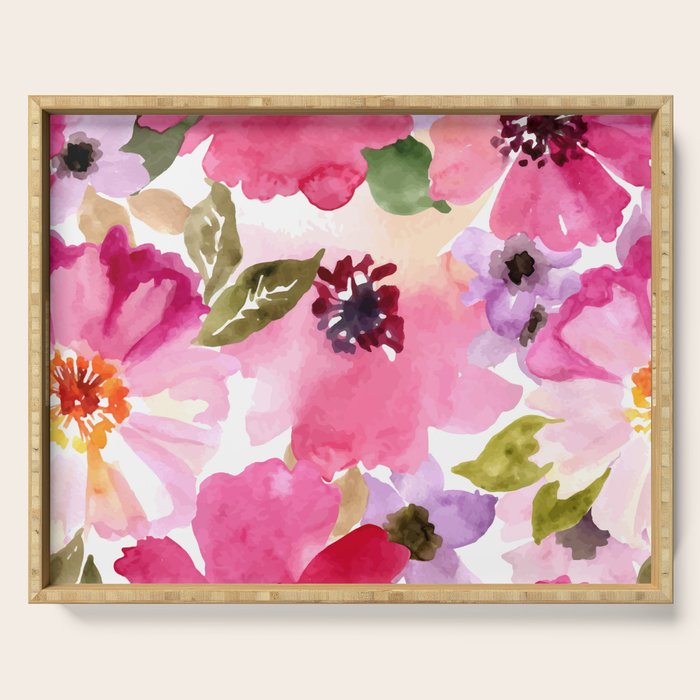 Watercolor Flowers Pink Fuchsia Serving Tray Gallery Image 1