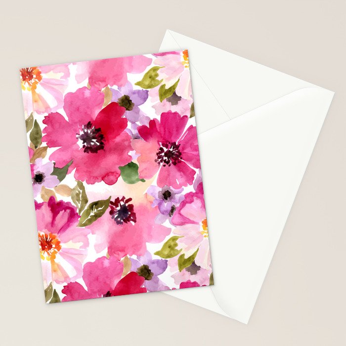 Watercolor Flowers Pink Fuchsia Stationery Card Gallery Image 2