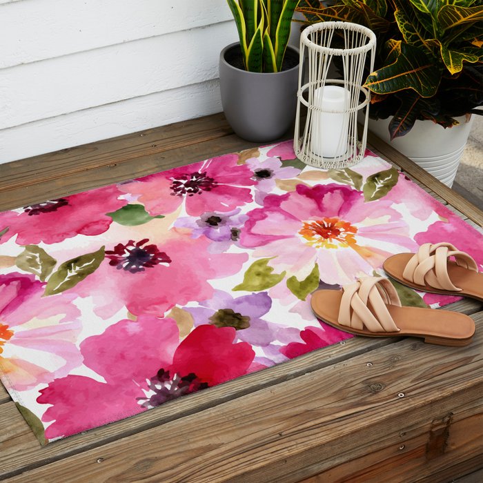 Watercolor Flowers Pink Fuchsia Outdoor Rug Gallery Image 2