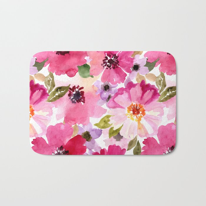 Watercolor Flowers Pink Fuchsia Bath Mat Gallery Image 1