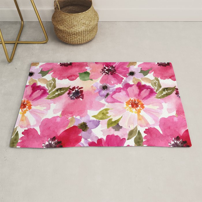 Watercolor Flowers Pink Fuchsia Rug Gallery Image 1