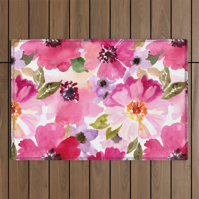 Watercolor Flowers Pink Fuchsia Outdoor Rug Gallery Image 1