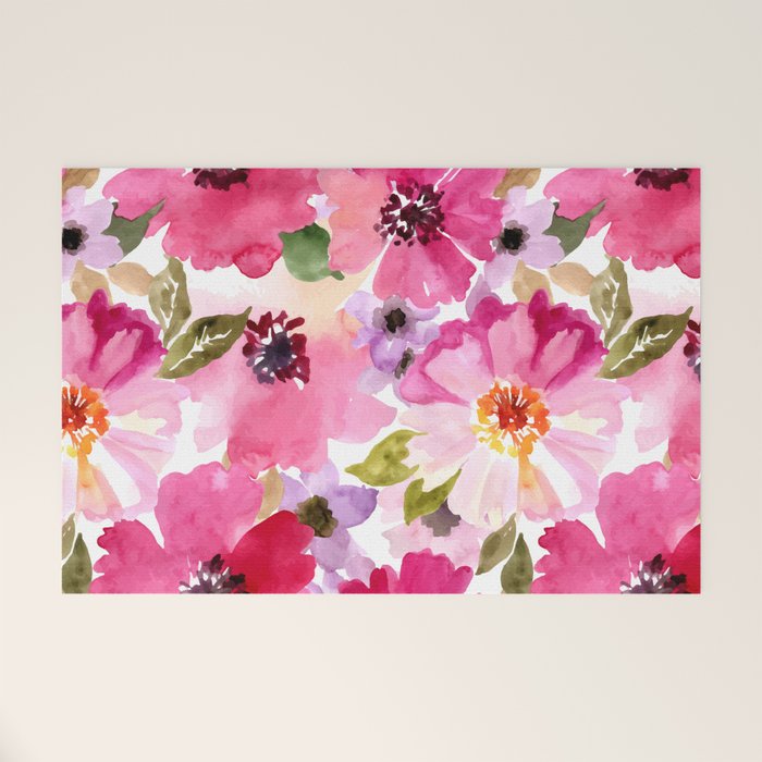 Watercolor Flowers Pink Fuchsia Welcome Mat Gallery Image 1