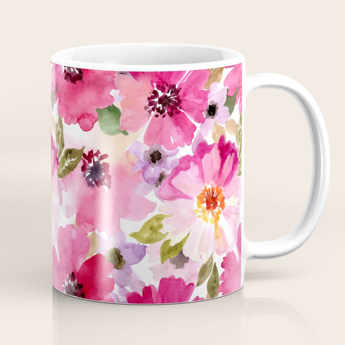 Watercolor Flowers Pink Fuchsia Coffee Mug Gallery Image 1