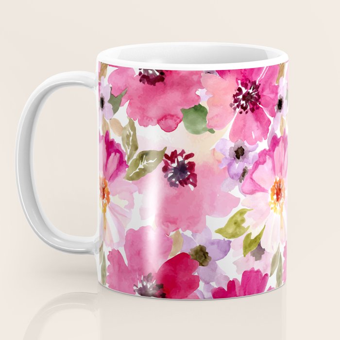 Watercolor Flowers Pink Fuchsia Coffee Mug Gallery Image 3