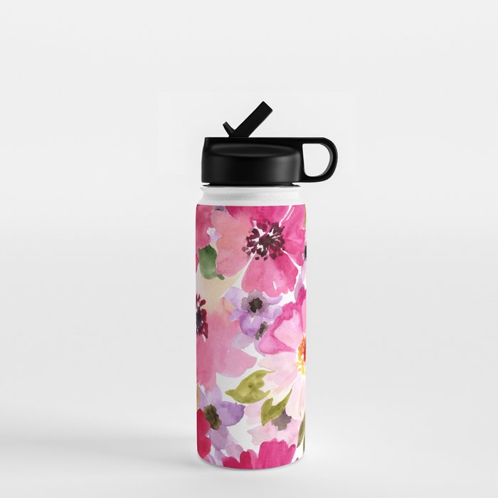 Watercolor Flowers Pink Fuchsia Water Bottle Gallery Image 1