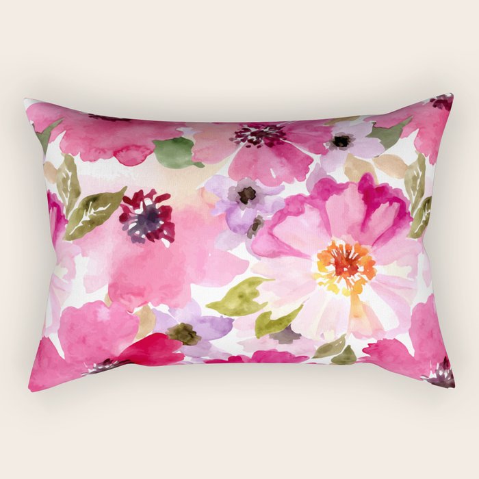 Watercolor Flowers Pink Fuchsia Rectangular Pillow Gallery Image 1