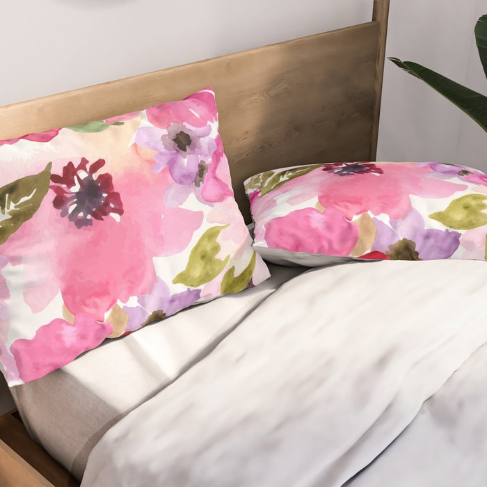 Watercolor Flowers Pink Fuchsia Pillow Sham Gallery Image 2