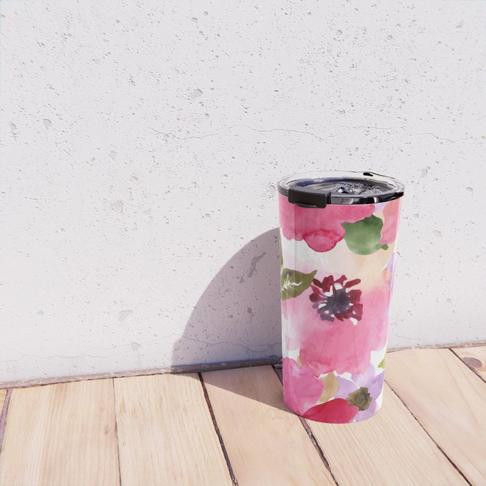 Watercolor Flowers Pink Fuchsia Travel Mug Gallery Image 4