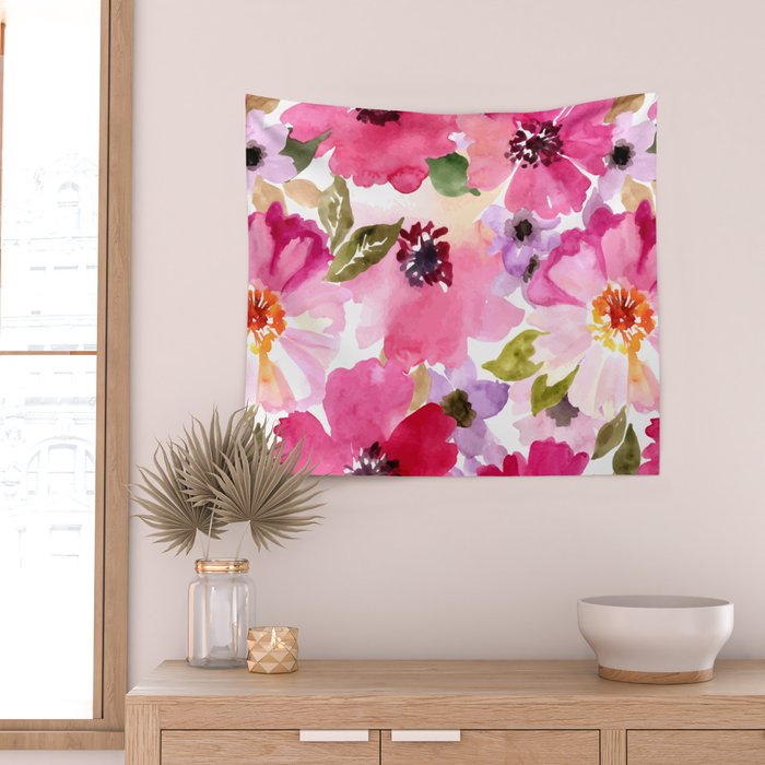 Watercolor Flowers Pink Fuchsia Wall Tapestry Gallery Image 2