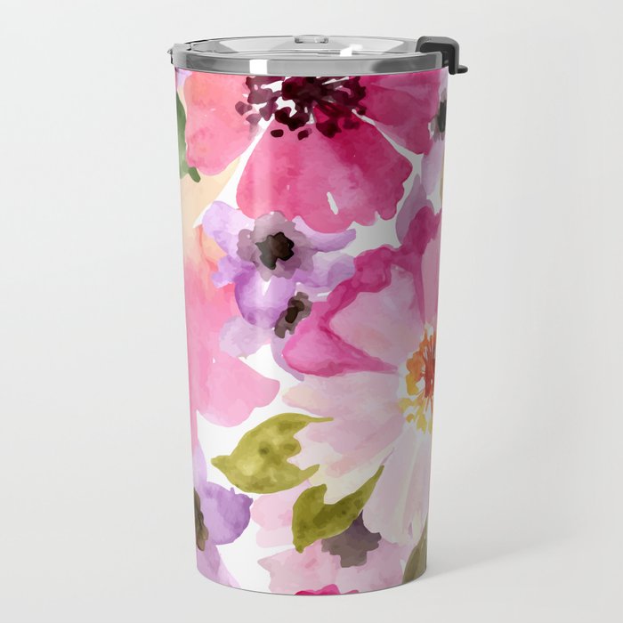 Watercolor Flowers Pink Fuchsia Travel Mug Gallery Image 2