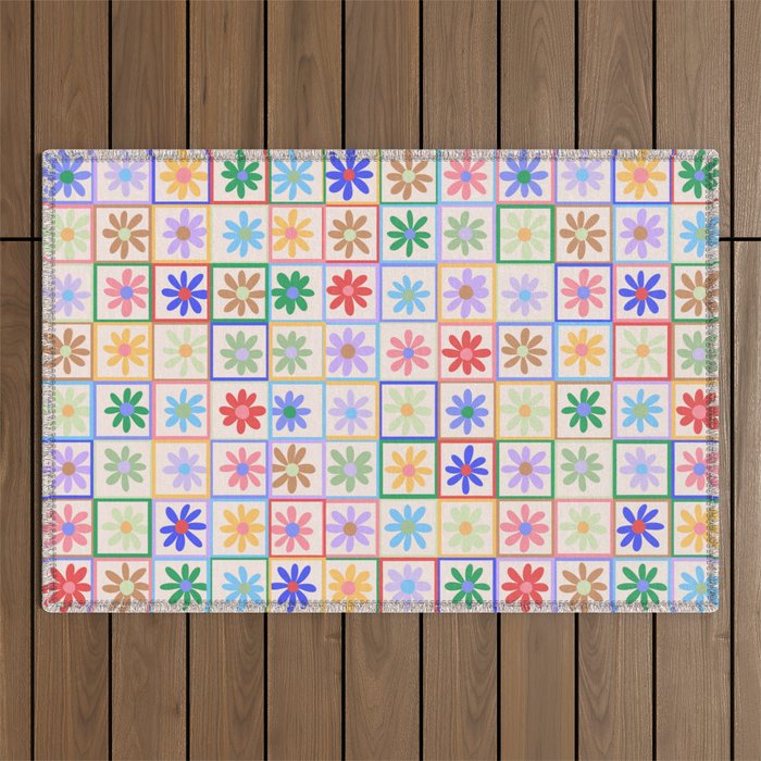 Cute Checkered Flowers in Beige  Outdoor Rug Gallery Image 1