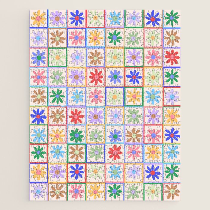 Cute Checkered Flowers in Beige  Jigsaw Puzzle Gallery Image 1