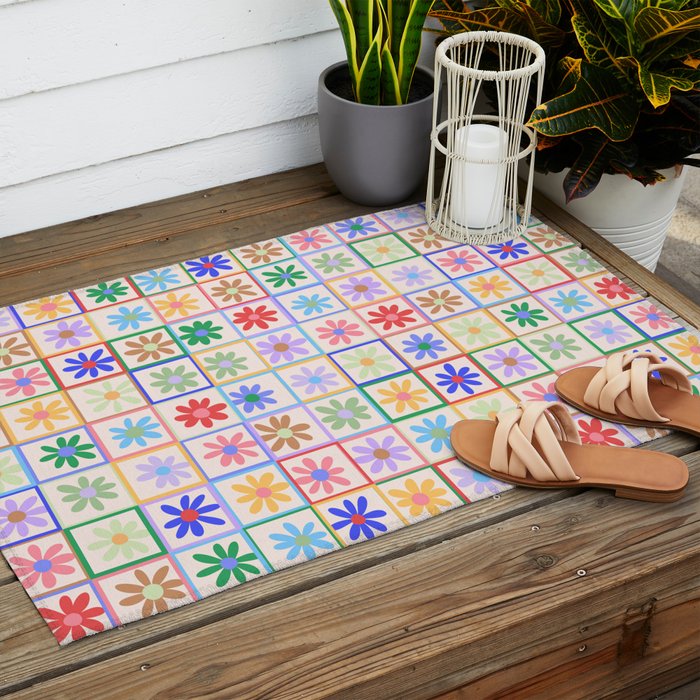 Cute Checkered Flowers in Beige  Outdoor Rug Gallery Image 2