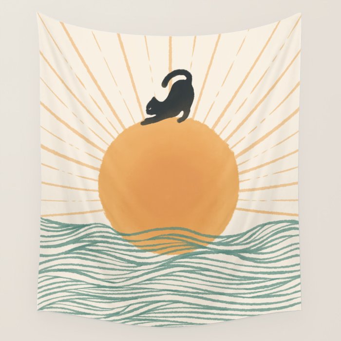 Good Morning Meow 7 Sunny Day Ocean  Wall Tapestry Gallery Image 4
