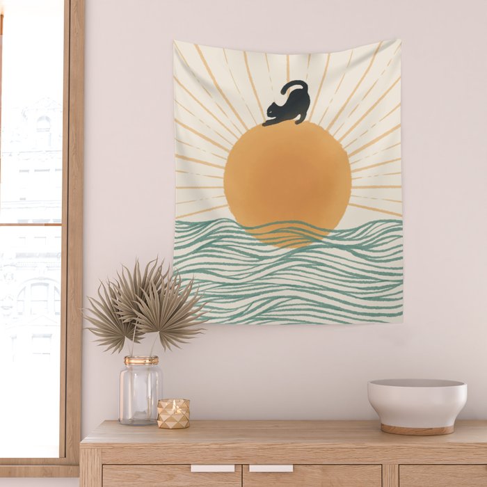 Good Morning Meow 7 Sunny Day Ocean  Wall Tapestry Gallery Image 2