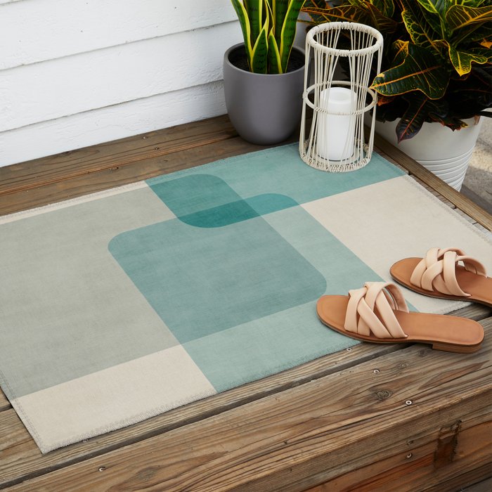 Neutral Blue Tones Geometric Minimalist Artwork Outdoor Rug Gallery Image 2