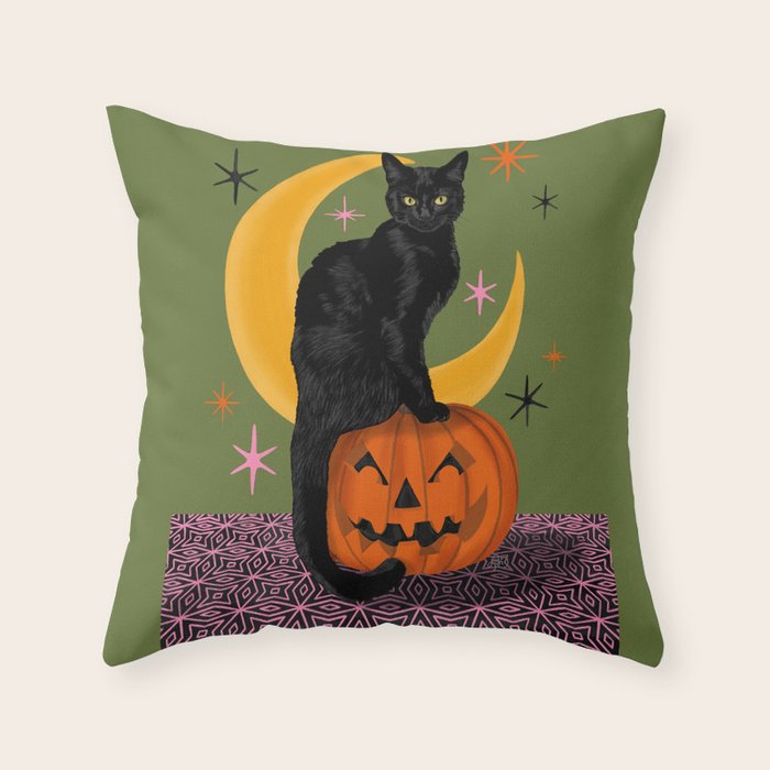 Black Cat - Moonlit Mischief on Halloween Throw Pillow Gallery Image 6