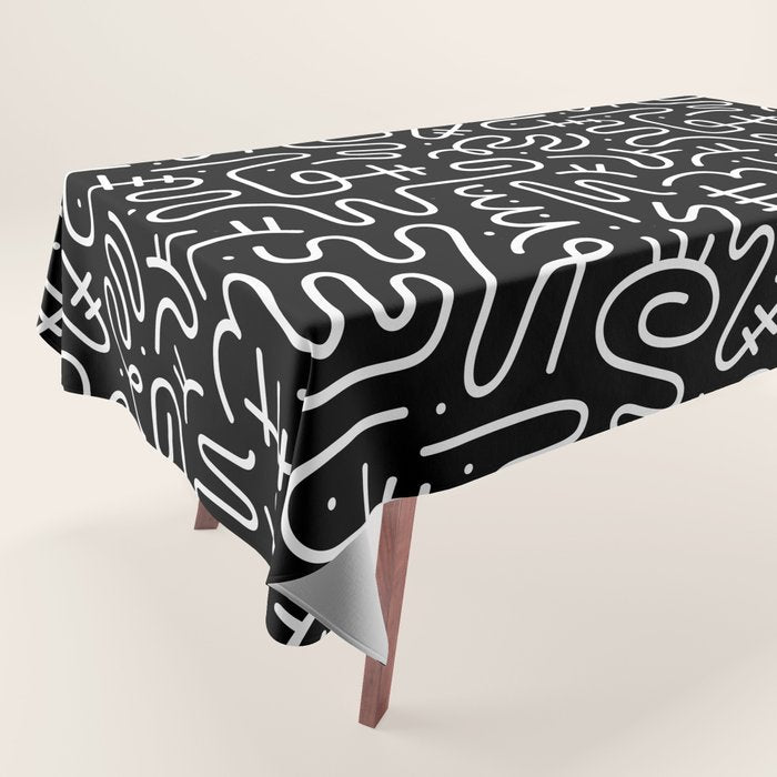 Abstract black and white line doodle pattern Tablecloth Gallery Image 1