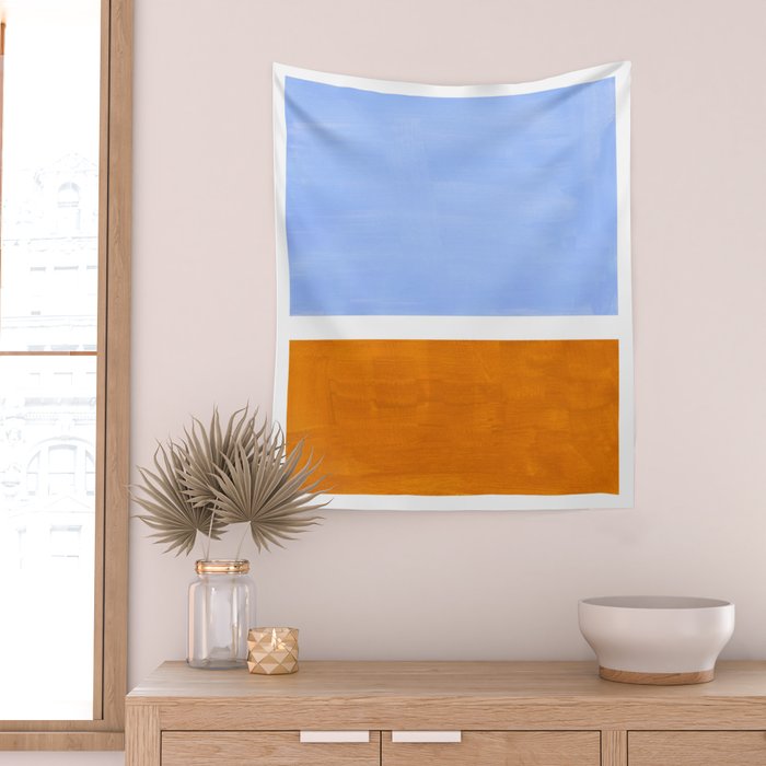 Pastel Royal Blue Yellow ochre Mid Century Modern Abstract Minimalist Rothko Color Field Squares Wall Tapestry Gallery Image 2