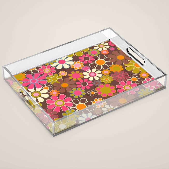 Groovy Retro Garden 60s 70s Floral Pattern Brown Avocado Pink Acrylic Tray Gallery Image 1