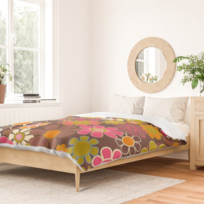 Groovy Retro Garden 60s 70s Floral Pattern Brown Avocado Pink Duvet Cover Gallery Image 2
