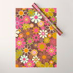 Groovy Retro Garden 60s 70s Floral Pattern Brown Avocado Pink Wrapping Paper Gallery Image 1