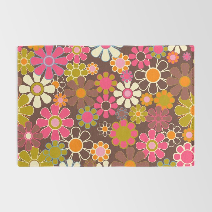 Groovy Retro Garden 60s 70s Floral Pattern Brown Avocado Pink Rug Gallery Image 2